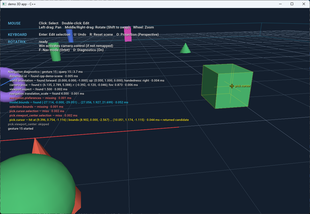 C++ demo diagnostic overlay showing query facts, timings, a returned pick.cursor hit on a cube, and a skipped viewport-center pick.